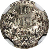 Sweden Carl XV Adolf Silver 1871 ST 10 Öre Last Year Type NGC MS64 KM# 710 (010)