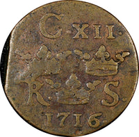 Sweden Carl XII Copper 1716 1/6 Öre S.M. 23mm  KM# 334 (21 181)