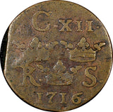 Sweden Carl XII Copper 1716 1/6 Öre S.M. 23mm  KM# 334 (21 181)