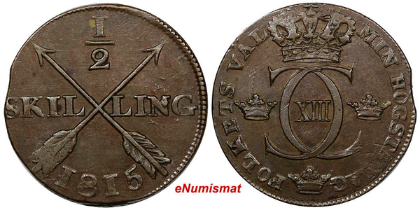 SWEDEN Carl XIII Copper 1815 1/2 Skilling NICE DETAILS KM# 590 (9753)