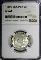 GERMANY-Third Reich Silver 1939 A 2 Reichs Mark NGC MS63 Hindenburg KM# 93 (027)