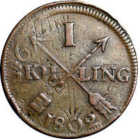 SWEDEN COPPER 1802 1 SKILLING OVERSTRUCK ON 2 ORE S.M. 1769 (FULL  DATE) #2406