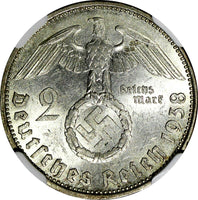 GERMANY-Third Reich Silver 1938 A 2 Reichs Mark NGC MS61 Hindenburg KM# 93 (019)