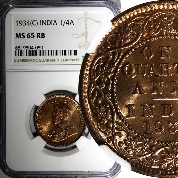 India-British George V Bronze 1934 (C) 1/4 Anna NGC MS65 RB NICE RED KM# 512 (0)