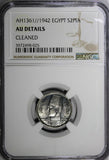 EGYPT Farouk (1936-1952) Silver AH1361//1942 2 Piastres NGC AU DET KM# 365 (025)