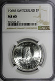 Switzerland Silver 1966 B 5 Francs NGC MS65 GEM BU KM# 40 (011)