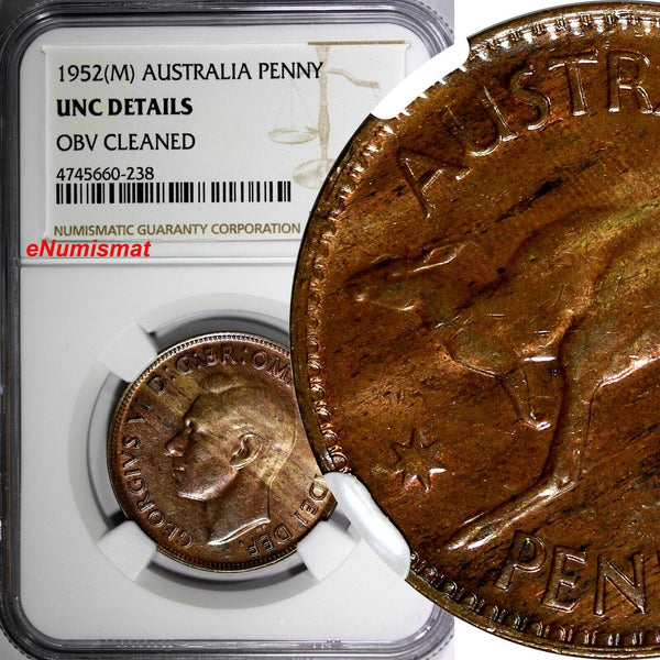 Australia George VI  Bronze 1952 (M) 1 Penny NGC UNC DETAILS KM# 43 (238)