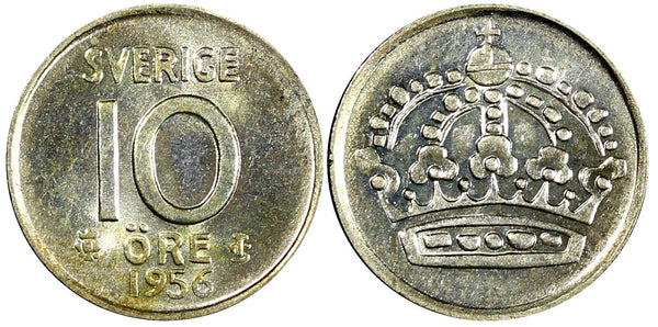 Sweden Gustaf VI SILVER 1956 10 Öre UNC  KM# 823 (22 095)
