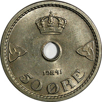 Norway Haakon VII Copper-Nickel 1941 50 Ore WWII Issue High Grade KM# 386