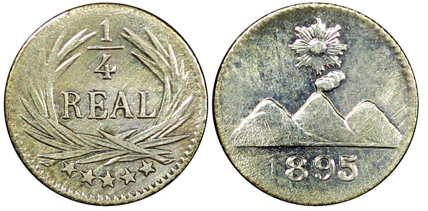Guatemala Silver 1895  1/4 Real Radiant sun 3 volcanoes KM# 162 (22 680)