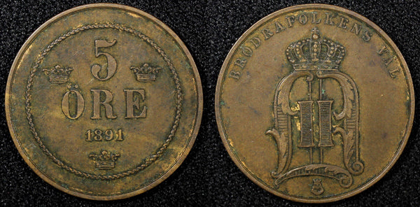 SWEDEN Oscar II Bronze 1891 5 Öre 27mm KM# 757 (22 958)