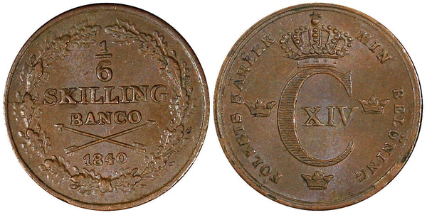 Sweden Carl XIV Bronze 1840 1/6 Skilling Banco aUNC High Grade KM# 639 (848)