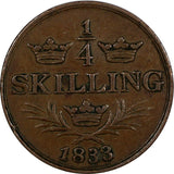 Sweden Carl XIV Johan Copper 1833/2 1/4 Skilling OVERDATE KM# 636 (20 847)