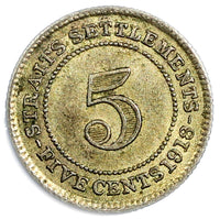 Straits Settlements George V Silver 1918  5 Cents Toning KM# 31