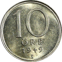 Sweden Gustaf V (1907-1950) Silver 1949 10 Öre GEM BU KM# 813 (22 061)