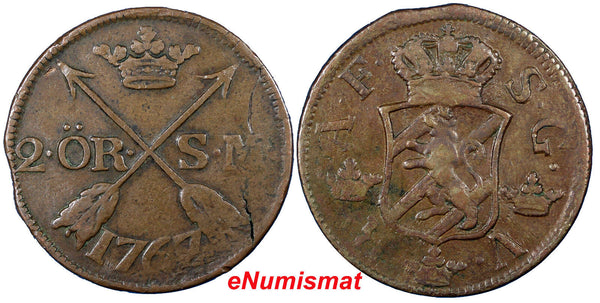 Sweden  Adolf Frederick Copper 1767 2 Ore, S.M. Low Mintage-467,000 KM# 461 (27)