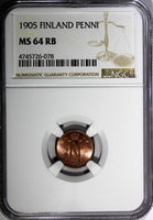 FINLAND RUSSIA Nicholas II Copper 1905 1 Penni NGC MS64 RB RED TONED  KM# 13 (8)