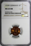 Germany-Third Reich Bronze 1939 F 1 Reichspfennig NGC MS65 RB TOP GRADED KM89(8)