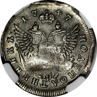 RUSSIA Elizabeth(1741-1762) Silver 1747 MMD Polupoltinnik NGC VF30 SCARCE C17(4)