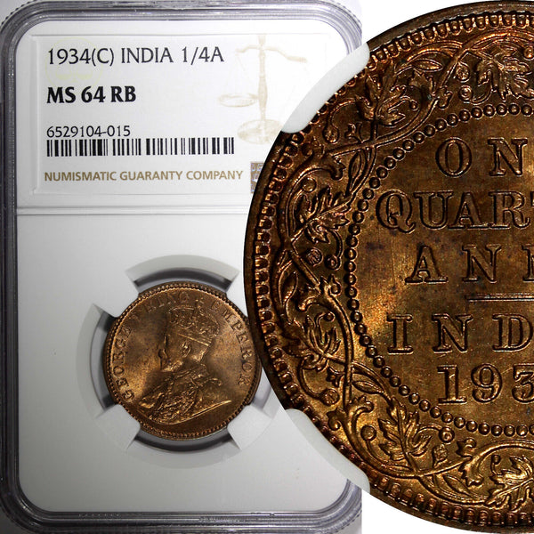 India-British George V Bronze 1934 (C) 1/4 Anna NGC MS64 RB KM#512 (015)