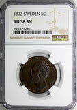 SWEDEN  BRONZE Oscar II 1873 5 Ore NGC AU58 BN  Low Mintage-783,000 KM# 730