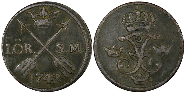 Sweden Frederick I Copper 1742 SM 1 Öre KM# 416.1 (21 231)