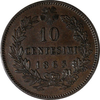 Italy Vittorio Emanuele II Copper 1863 10 Centesimi Paris Mint XF KM# 11.2 (326)
