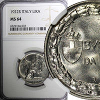 Italy Vittorio Emanuele III 1922 R 1 Lira NGC MS64 GEM BU KM# 62 (37)