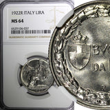 Italy Vittorio Emanuele III 1922 R 1 Lira NGC MS64 GEM BU KM# 62 (37)
