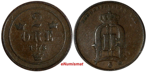 Sweden Oscar II Bronze 1878 2 Ore Small Letters Mintage-865,000 RARE KM# 735 (6)