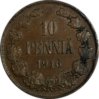 Finland Nicholas II Copper 1916 10 Pennia KM# 14 (18 633)