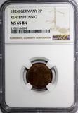Germany,Weimar Republic 1924-J 2 Rentenpfennig NGC MS65 BN TOP GRADED KM#31(009)