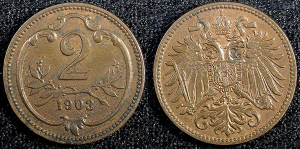 Austria Franz Joseph I Bronze 1903 2 Heller UNC KM# 2801 (23 953)