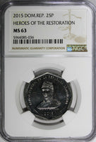 DOMINICAN REPUBLIC 2015 25 Pesos NGC MS63 Gregorio Luperón GEM BU KM# 107 (036)