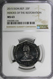 DOMINICAN REPUBLIC 2015 25 Pesos NGC MS63 Gregorio Luperón GEM BU KM# 107 (036)