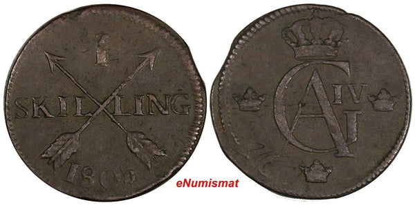 SWEDEN 1805 1 SKILLING OVERSTRUCK ON 2 ORE S.M. 1767 / FULL DATE KM#566 (17 304)