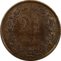 Netherlands Wilhelmina Bronze 1880 2-1/2 Cent aUNC/UNC  Condition KM# 108.1 (99)