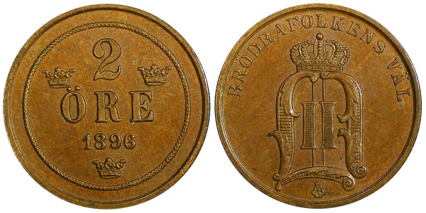 Sweden Oscar II Bronze 1896 2 Öre large letters Choice UNC KM# 746 (21 942)