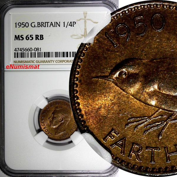 Great Britain George VI Bronze 1950 Farthing NGC MS65 RB KM# 867 (081)