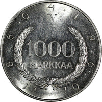 FINLAND Silver 1960 S J 1000 Markkaa Snellman Mintage-201,000 UNC KM# 43 (438)