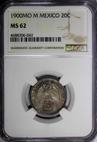 Mexico SECOND REPUBLIC Silver 1900 MO M 20 Centavos NGC MS62 Toned KM# 405.2(2)