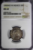 Mexico SECOND REPUBLIC Silver 1900 MO M 20 Centavos NGC MS62 Toned KM# 405.2(2)