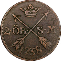 SWEDEN Adolf Frederick Copper 1758 S.M.2 Ore 33.7mm Mintage-91,000 SCARCE KM#461