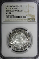 SWEDEN Gustaf V Silver 1921 W 2 Kronor NGC MS64 400th Political Liberty KM799(0)