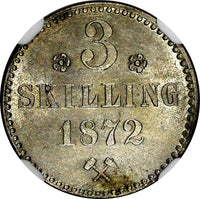 Norway Oscar II Silver 1872 3 Skilling Rosettes NGC UNC DETAILS KM# 338.1 (025)