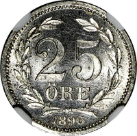 Sweden Oscar II Silver 1896 EB 25 Ore NGC MS63  KM# 739 (139)