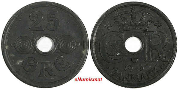 Denmark Christian X German Occupation Zinc 1945 25 Ore WWII Issue KM# 823.2a (5)