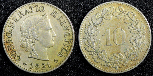 SWITZERLAND Copper-Nickel 1921 B 10 Rappen KM# 27 (23 468)
