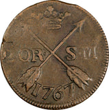 SWEDEN Adolf Frederick Copper 1767 2 Ore, S.M. Low Mintage-467,000 KM#461 (298)