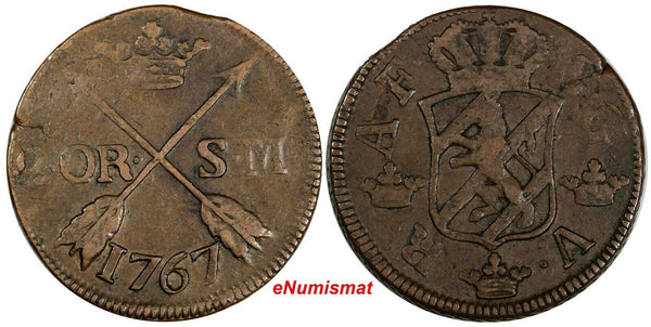 SWEDEN Adolf Frederick Copper 1767 2 Ore, S.M. Low Mintage-467,000 KM#461 (298)